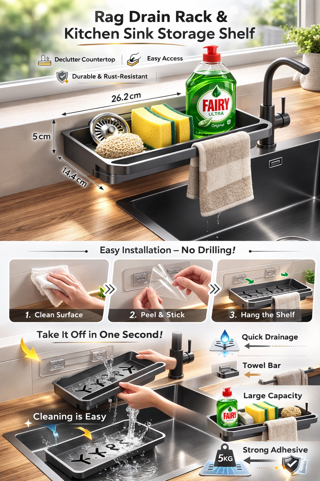 Rag Drain Rack & Kitchen Sink Storage Shelf