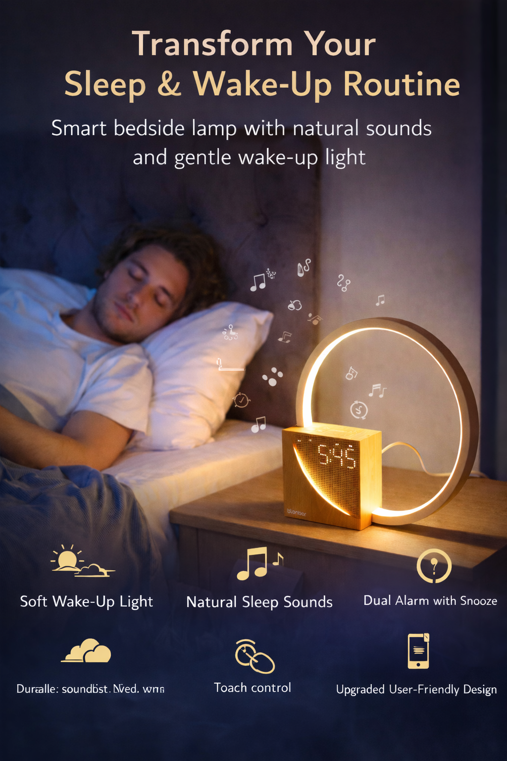 Touch Bedside Table Lamp with Alarm Clock & Natural Sounds – 3-Level Dimmable Night Light for Home Décor