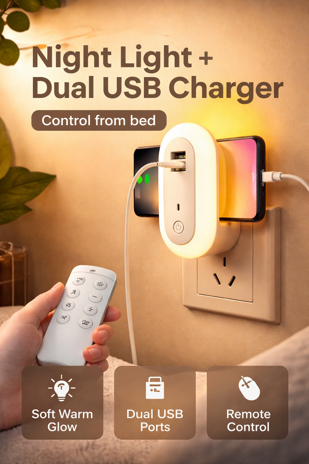 Oval Plug-In Night Light with Dual USB Charging Ports, Remote Control & Timer